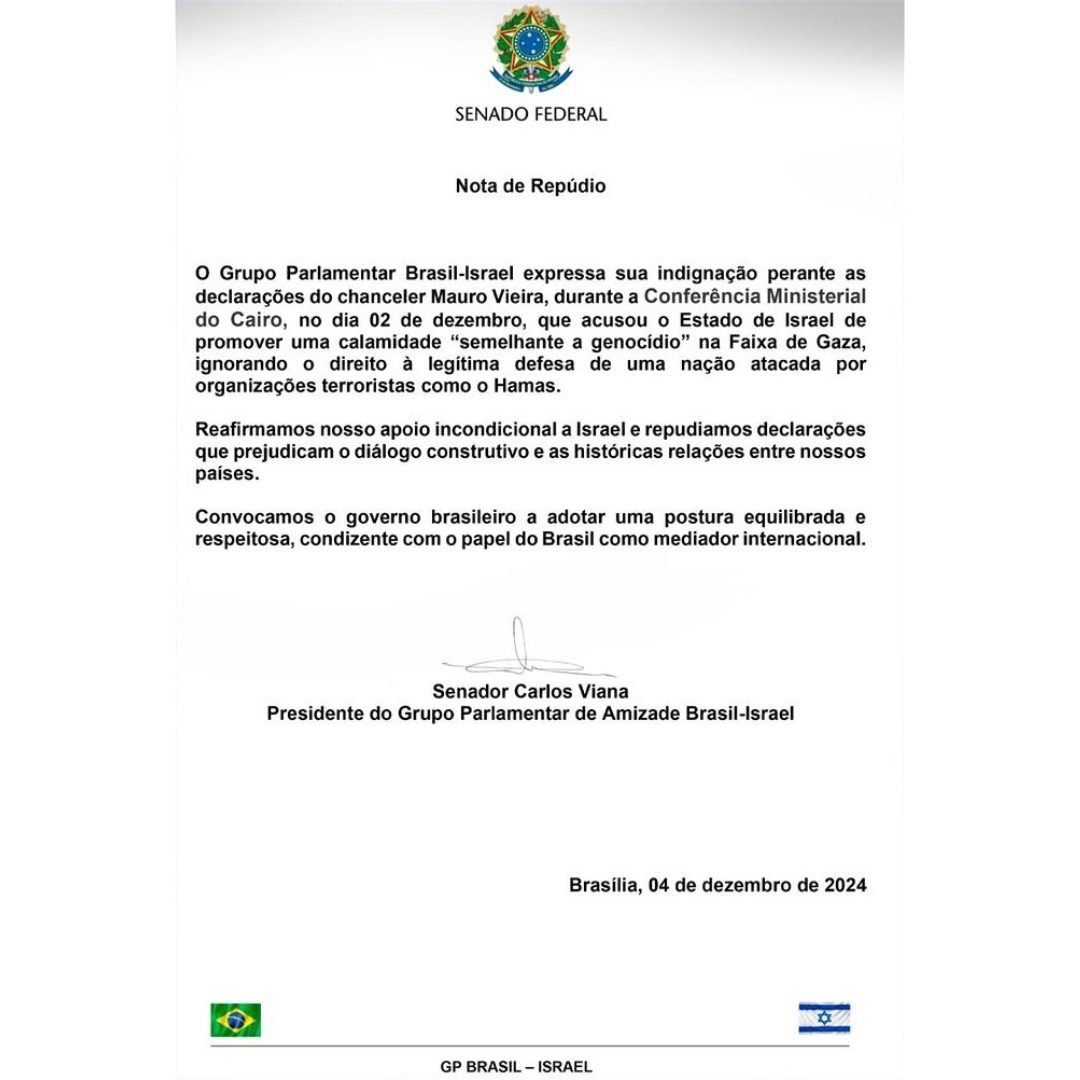Mauro Vieira diz que guerra em Gaza é ‘semelhante a genocídio’; grupo pró-Israel reage