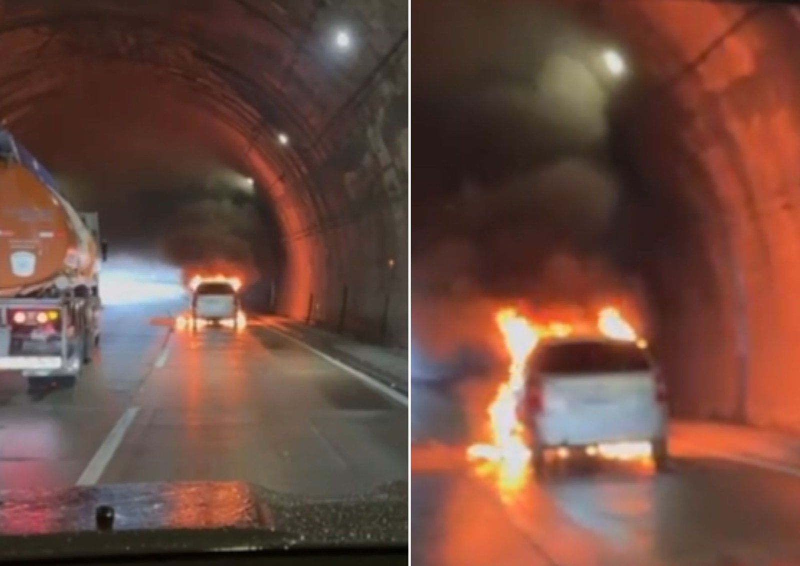 Carro é destruído após incêndio dentro de túnel e congestiona Rodovia dos Imigrantes