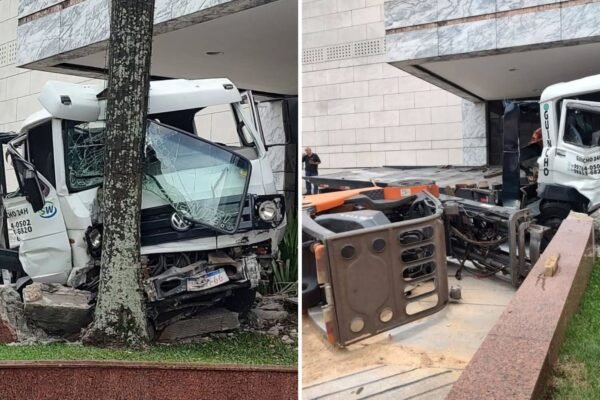 Caminhão perde freio na descida de rampa e bate em muro de shopping no litoral de SP; VÍDEO