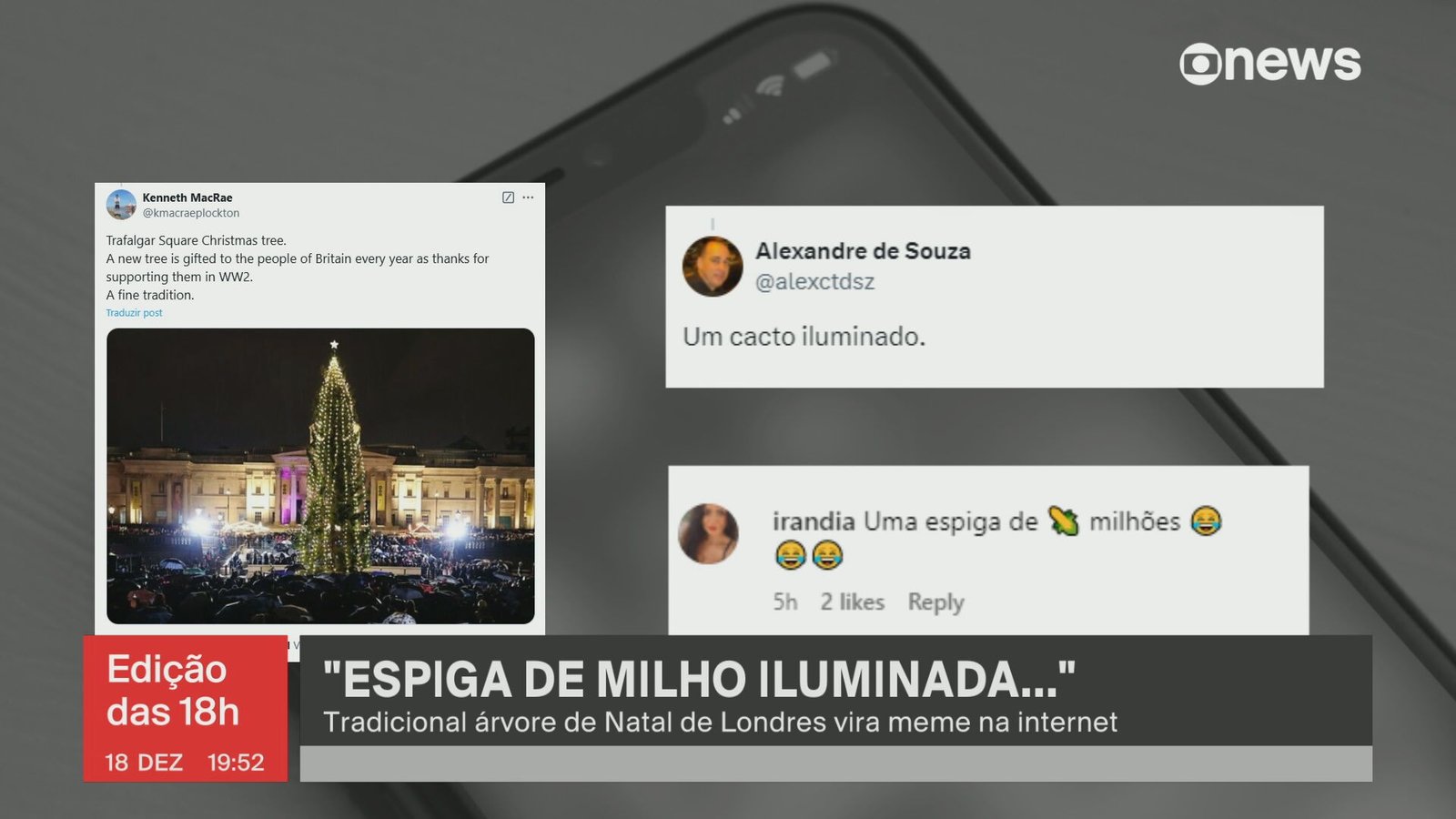 ‘Espiga de milho iluminada’: tradicional árvore de Natal de Londres vira meme na internet; VÍDEO