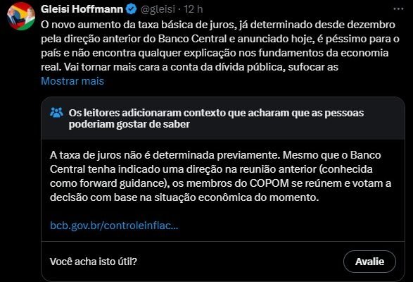 Petistas Gleisi e Lindbergh são corrigidos no Twitter/X em posts sobre juros