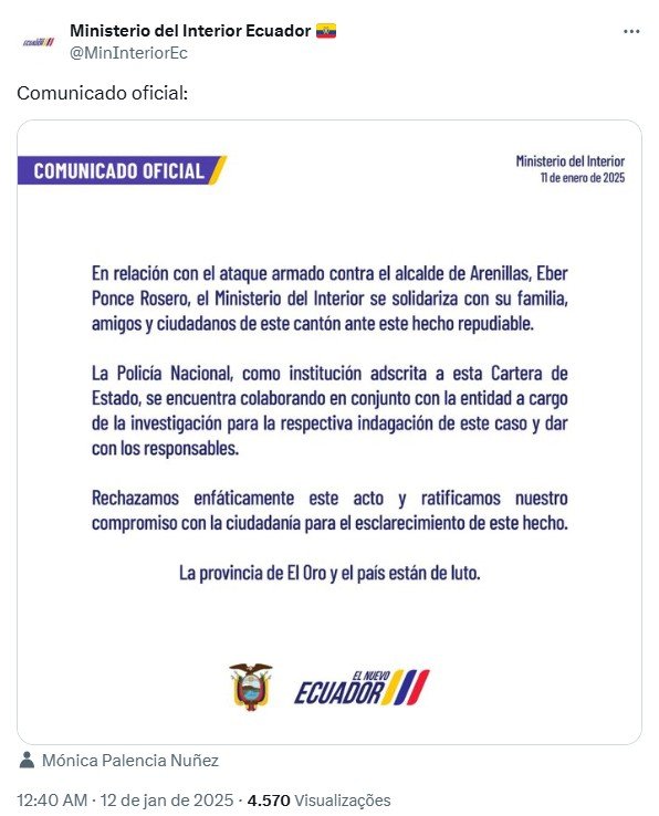 Prefeito é morto a tiros a um mês das eleições presidenciais no Equador