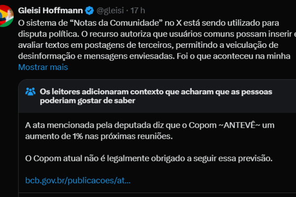 Gleisi Hoffman é corrigida mais uma vez no Twitter/X