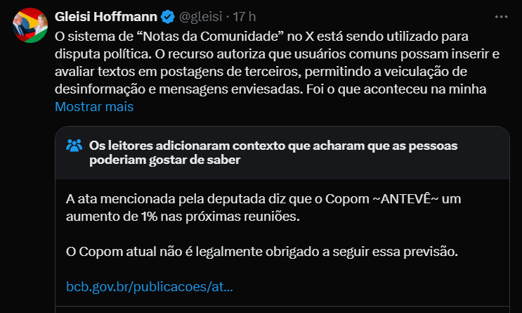 Gleisi Hoffman é corrigida mais uma vez no Twitter/X