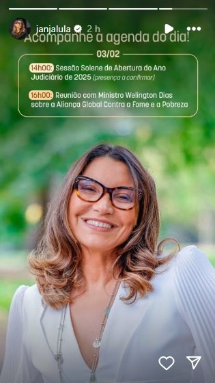Depois de críticas sobre sigilo, Janja divulga agenda desta segunda-feira, 3