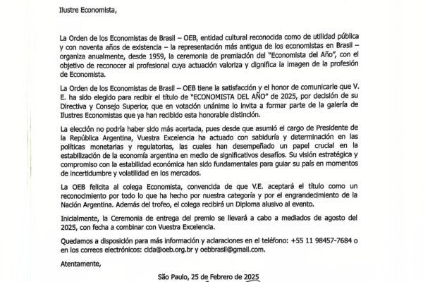 Milei é eleito Economista do Ano pela Ordem dos Economistas do Brasil