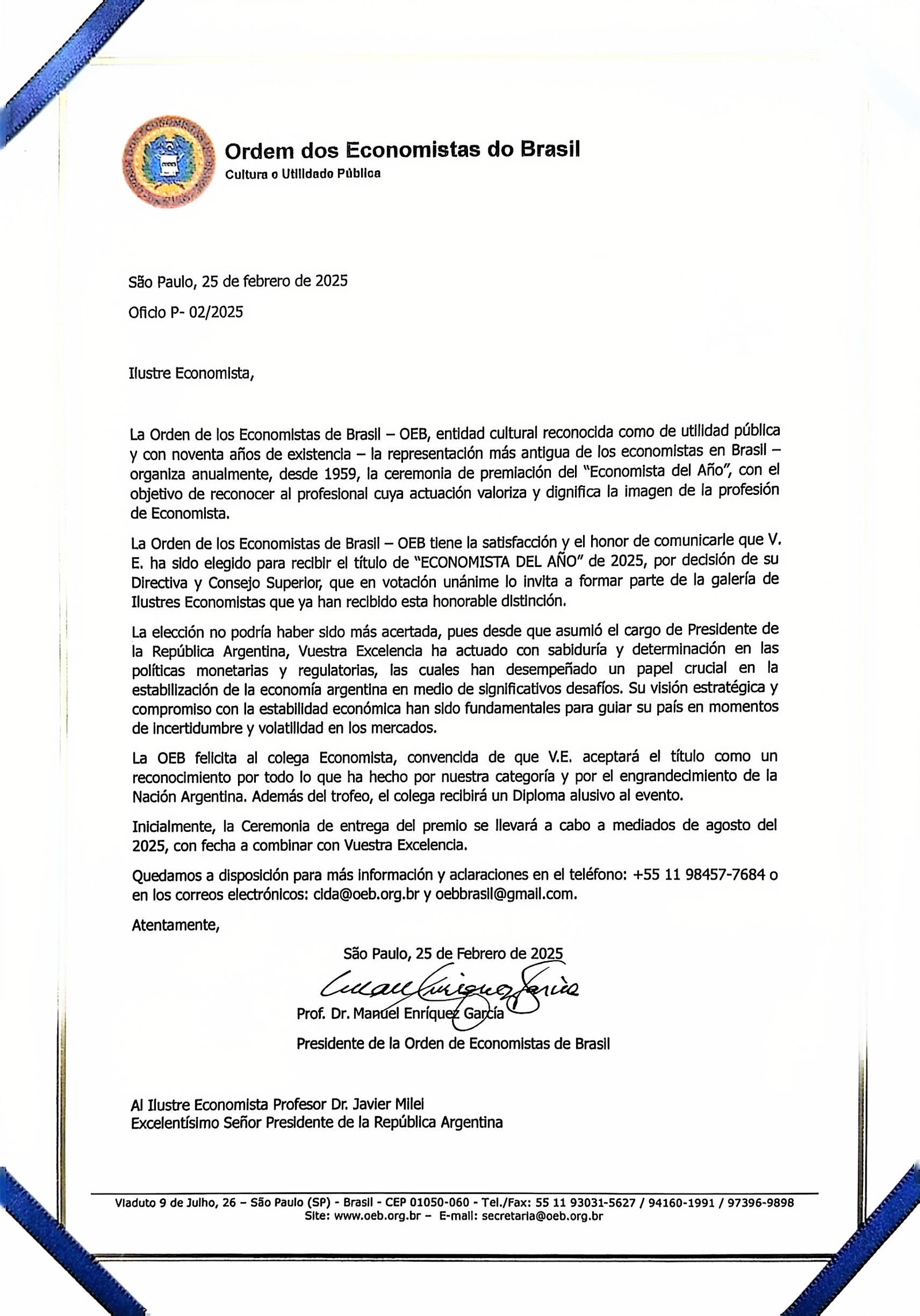 Milei é eleito Economista do Ano pela Ordem dos Economistas do Brasil