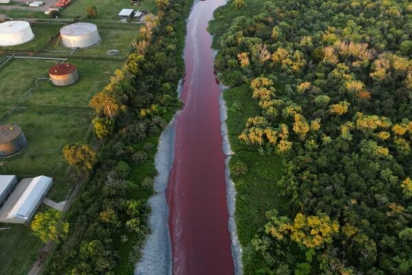 Córrego fica vermelho na Argentina e levanta suspeitas de contaminação: ‘Parece sangue’