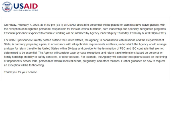 Site da USAID volta ao ar com nota de despedida; funcionários da agência serão postos de licença