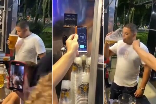 Mecânico aceita desafio e bebe 2 litros de chope em menos de 4 minutos durante festival: ‘Foi tranquilo’; VÍDEO
