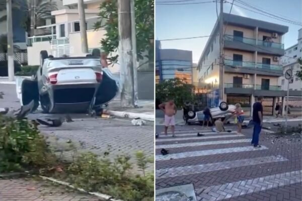Motorista perde o controle, bate carro em luminária e capota no litoral de SP; VÍDEO