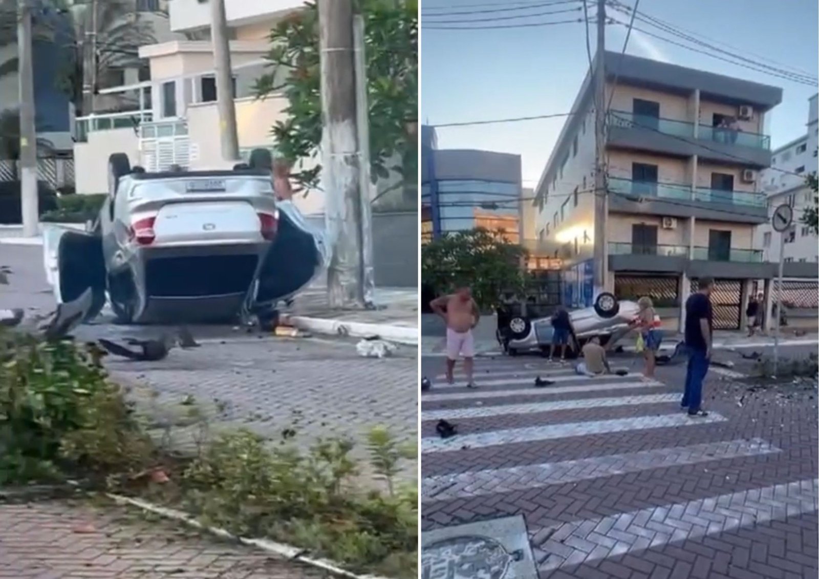 Motorista perde o controle, bate carro em luminária e capota no litoral de SP; VÍDEO