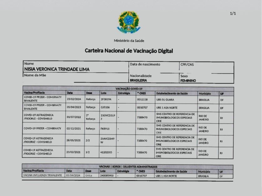 Nísia Trindade não recebeu todas as doses da vacina contra Covid