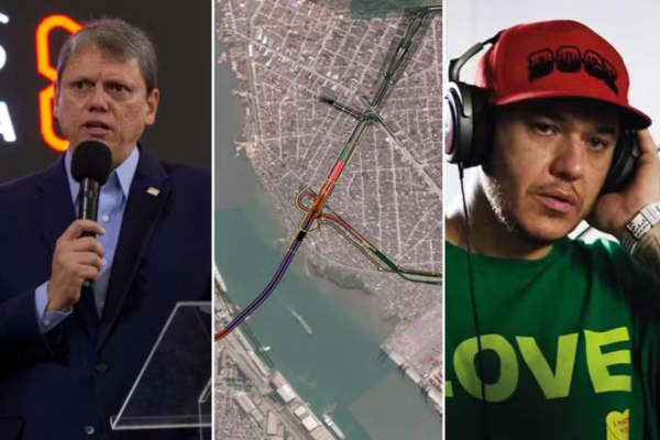 Governador de SP pega martelo e anuncia data de edital do túnel entre Santos e Guarujá ao som de Charlie Brown Jr; VÍDEO