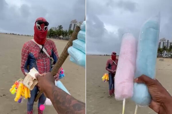 Dono de trailer paga R$ 100 em algodões-doces para ‘Homem-Aranha’ distribuir a crianças carentes; VÍDEO