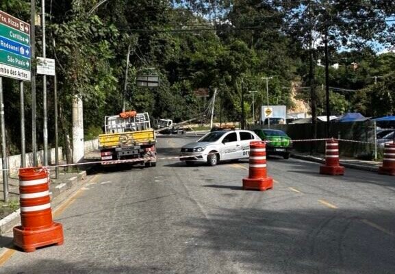 Caminhão colide com poste e interdita Avenida Elias Yazbek, em Embu das Artes