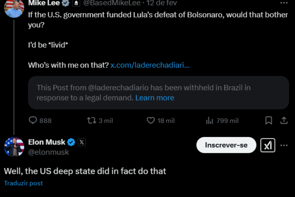 Musk diz que governo Biden financiou eleição de Lula contra Bolsonaro