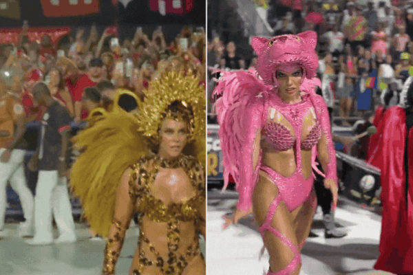 Paolla Oliveira, a ‘onça’ no Carnaval, inspira apresentadora a virar Pantera Cor-de-Rosa na passarela do samba