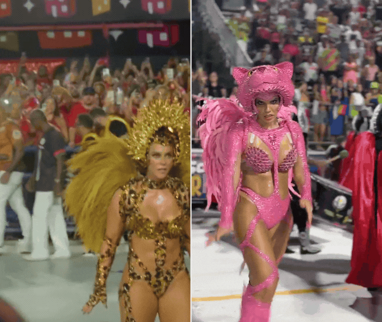 Paolla Oliveira, a ‘onça’ no Carnaval, inspira apresentadora a virar Pantera Cor-de-Rosa na passarela do samba