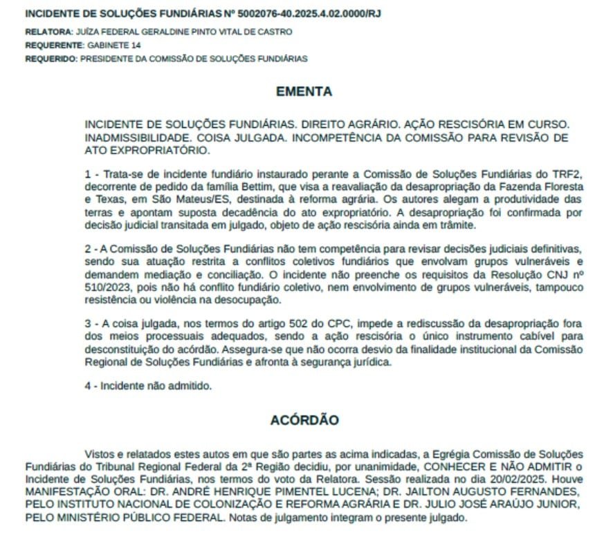 Conselho Nacional de Justiça se recusa a analisar processo do Incra contra a família Bettim