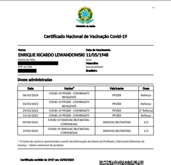 Lewandowski recua e decide divulgar cartão de vacina