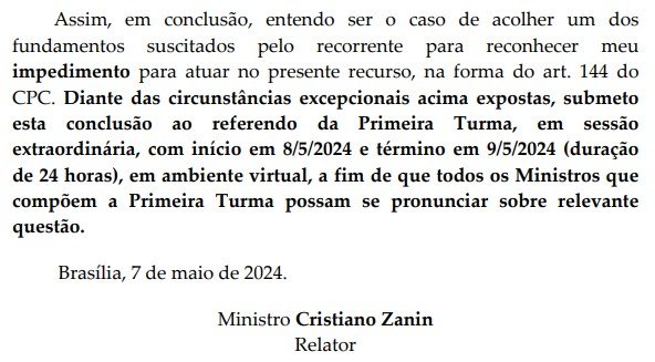 Zanin se declarou impedido para julgar recurso de Bolsonaro em 2024
