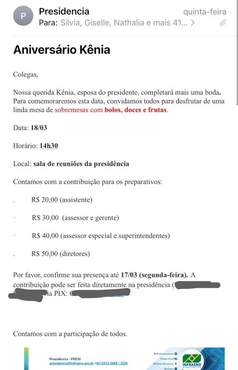 Parlamentares cobram apuração sobre pedido de Pix para festa na Infraero