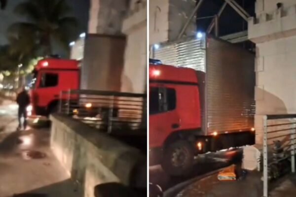 Caminhão ‘entala’ na Ponte Pênsil e tem pneus furados para remoção; VÍDEO