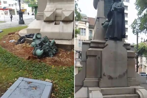 Dupla é presa tentando furtar monumento histórico de Bartolomeu de Gusmão em Santos