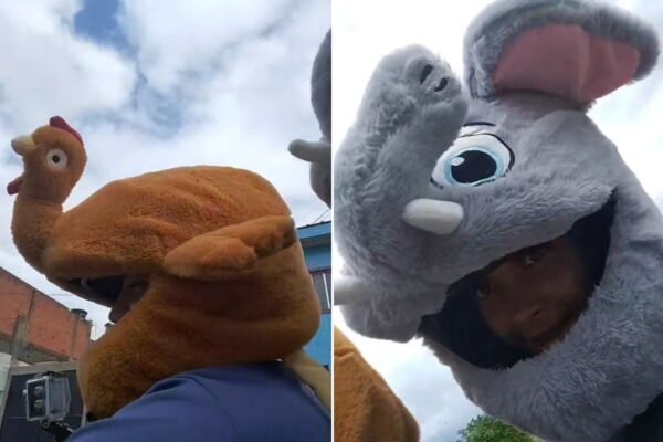 Motociclista de app inova com capacetes de galinha e elefante: ‘Para animar o dia’; VÍDEO