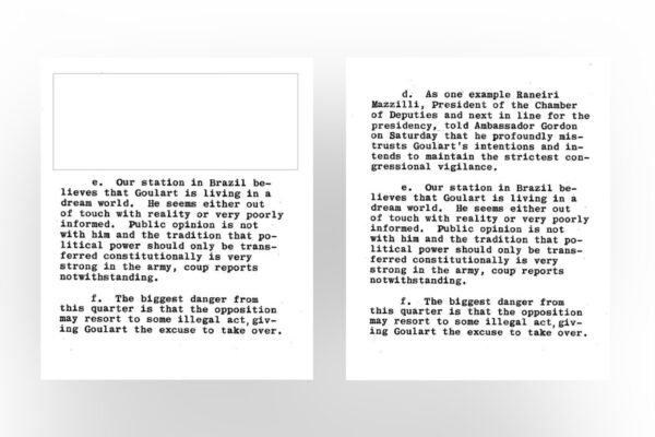 Documento da CIA revela que presidente da Câmara falou com embaixador americano 6 meses antes do golpe de 1964; trecho estava censurado