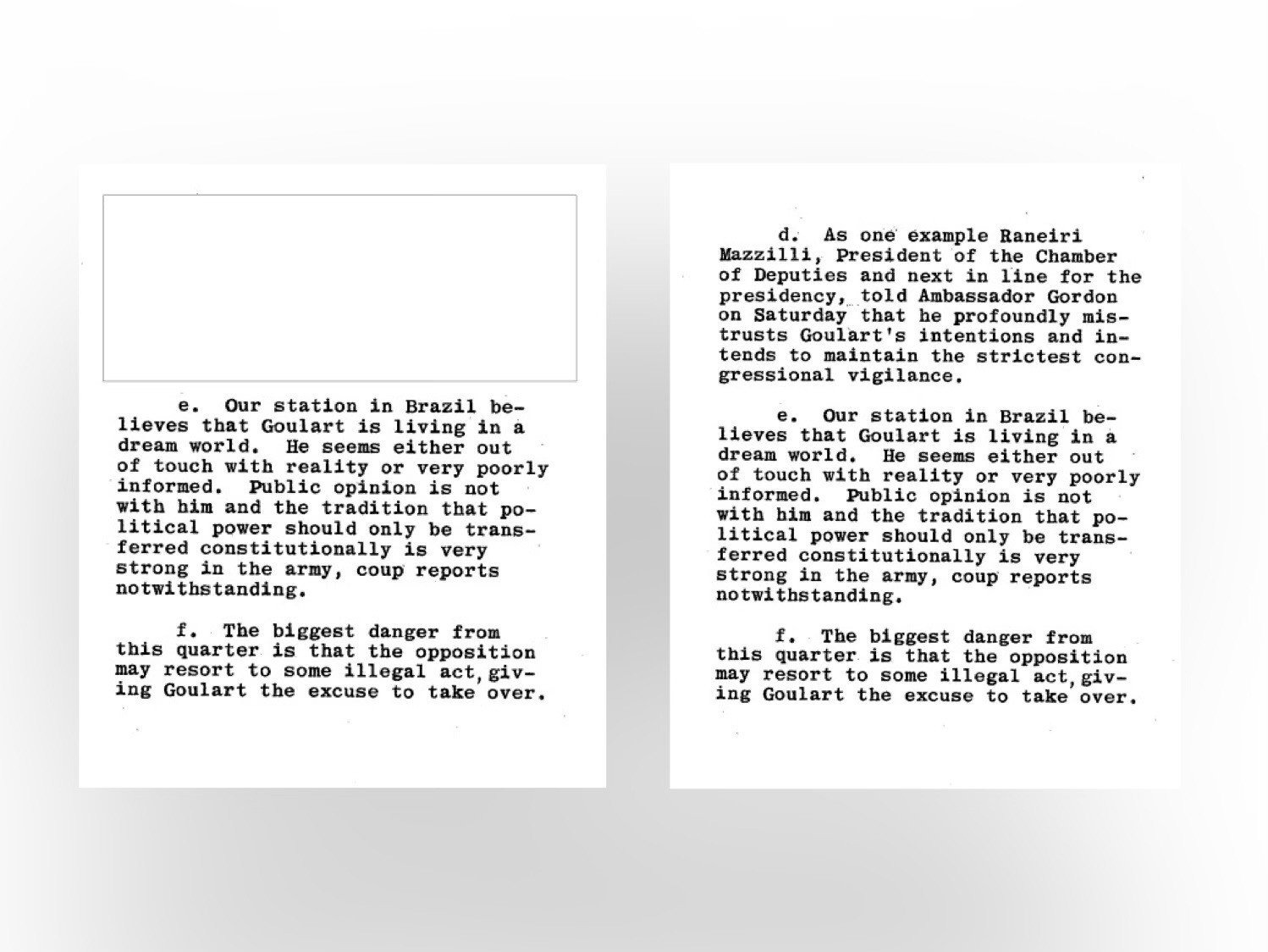 Documento da CIA revela que presidente da Câmara falou com embaixador americano 6 meses antes do golpe de 1964; trecho estava censurado