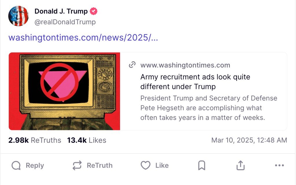 Trump compartilha o ‘triângulo rosa’, símbolo da era nazista para rotular homossexuais, com sinal de proibição