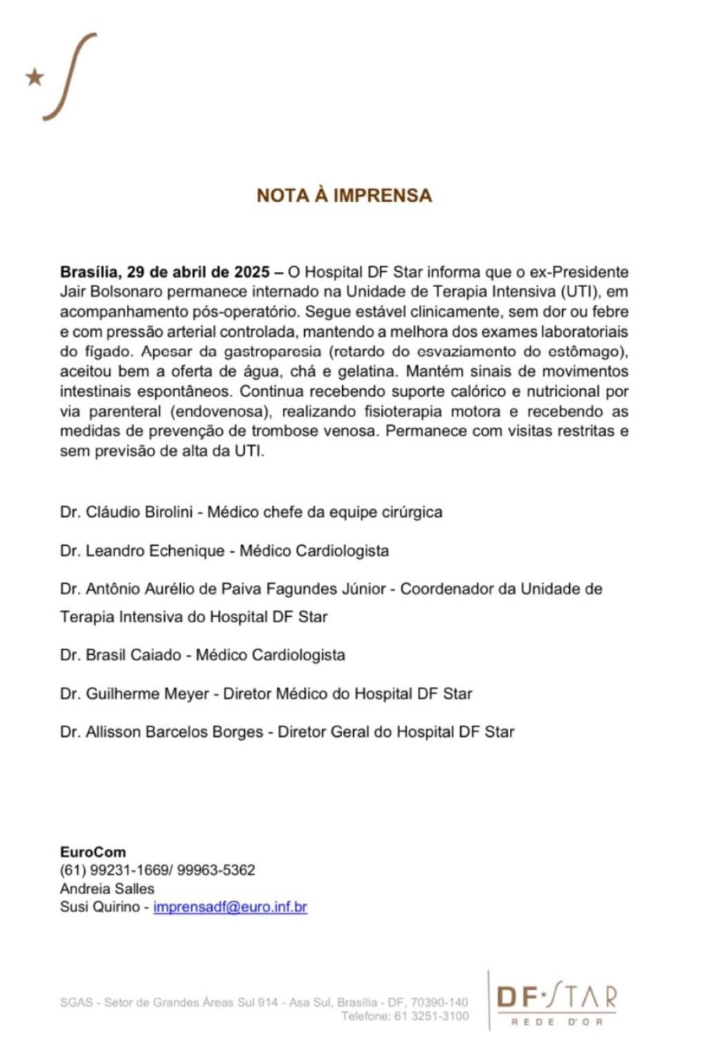 Bolsonaro segue estável, mas ainda sem previsão de alta da UTI
