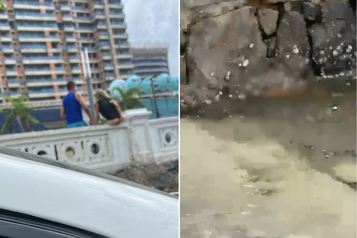 Mulher faz cocô em mureta de Santos, SP, e deixa fezes caírem em rampa de acesso ao mar; VÍDEO