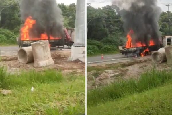 Incêndio destrói caminhão que transportava gerador elétrico em Praia Grande; VÍDEO