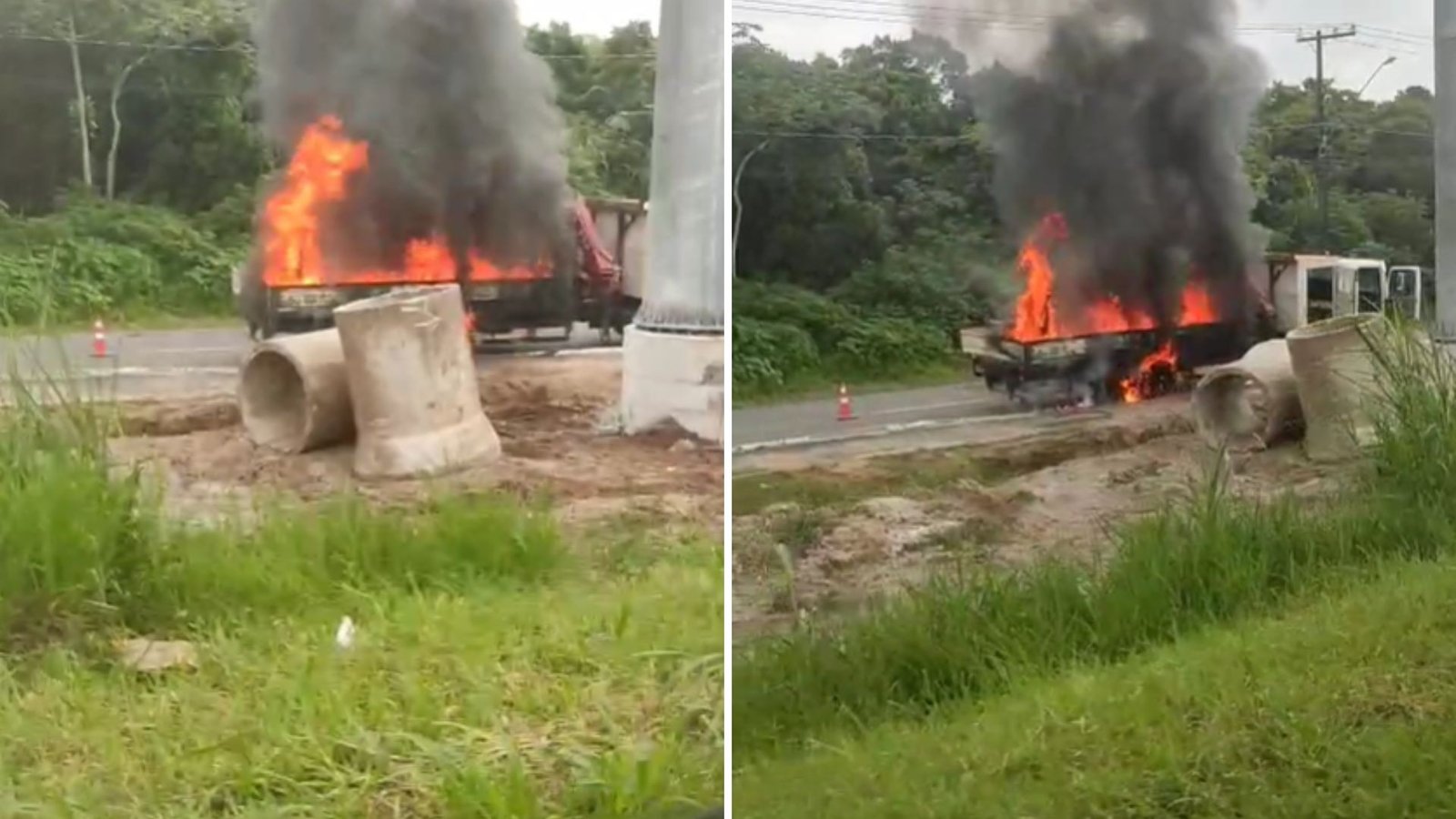 Incêndio destrói caminhão que transportava gerador elétrico em Praia Grande; VÍDEO