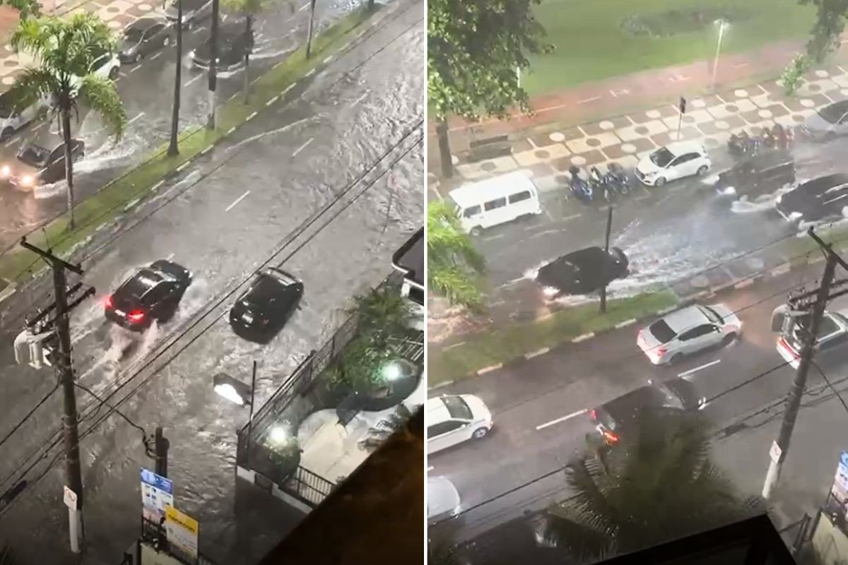 Temporal causa caos e transforma avenida da praia em rio no litoral de SP; VÍDEO