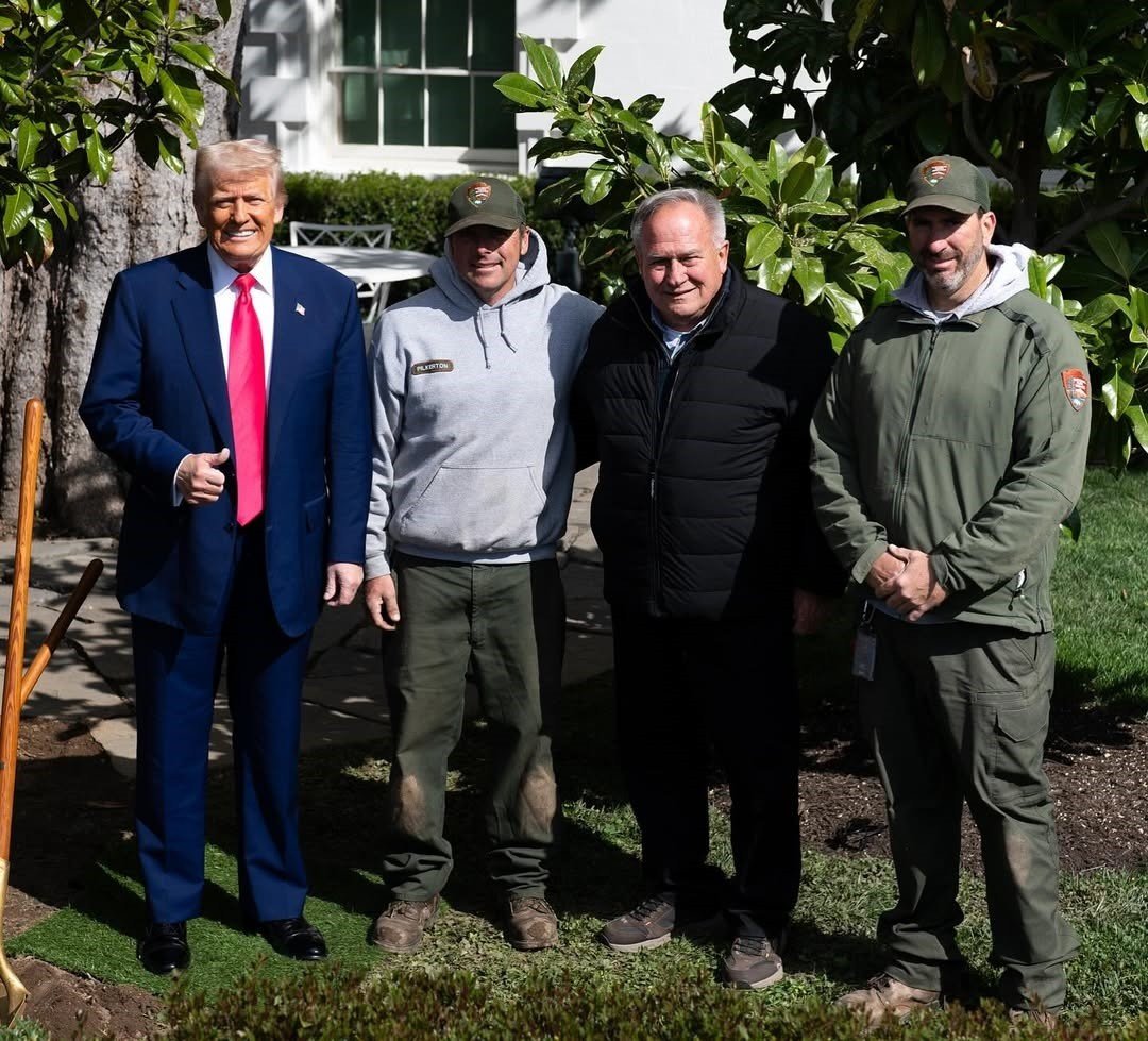 Trump planta árvore de ‘Maganólia’ na Casa Branca, e internet nota tapete para presidente não sujar sapato