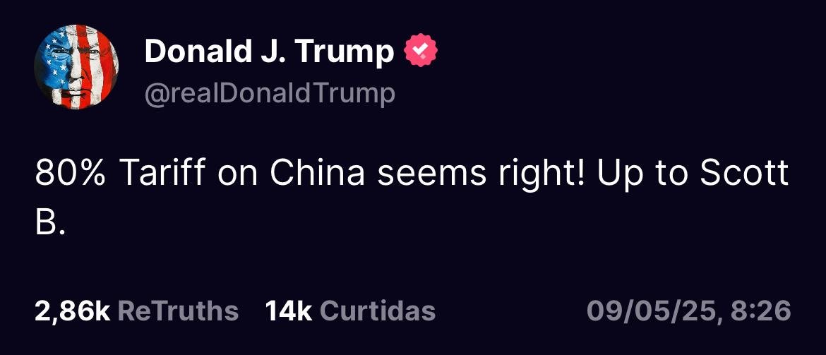 Trump sugere diminuir tarifas da China para 80%