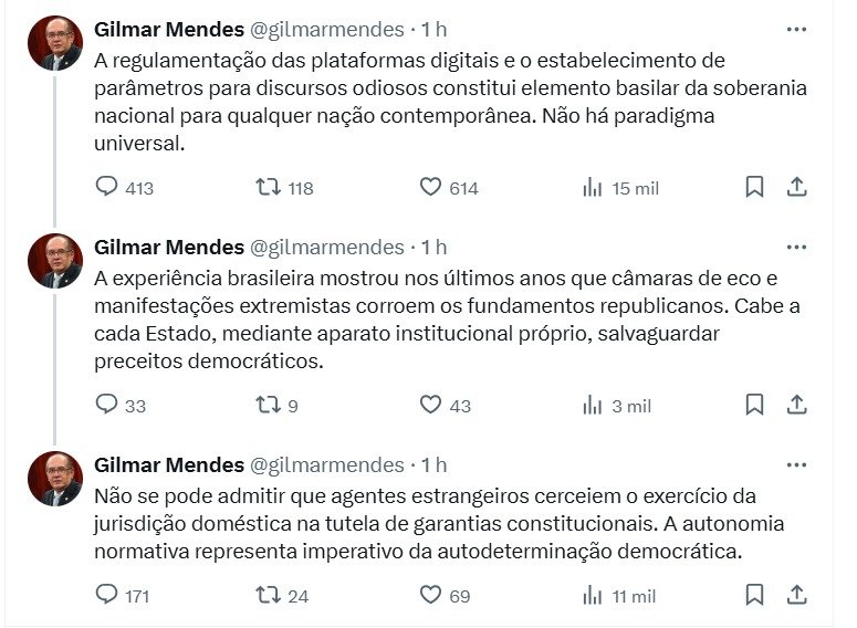 Gilmar Mendes defende controle estatal sobre redes sociais em meio à pressão internacional