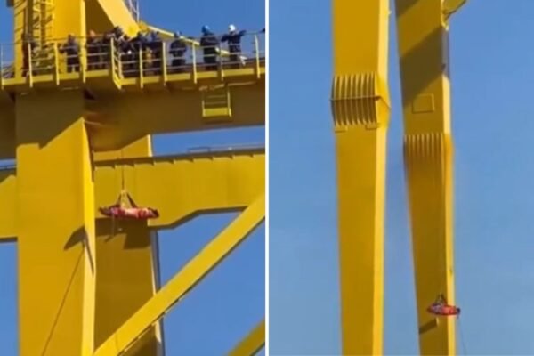 Funcionário sofre queda de grua em estaleiro e e resgate é feito nas alturas em Guarujá; VÍDEO
