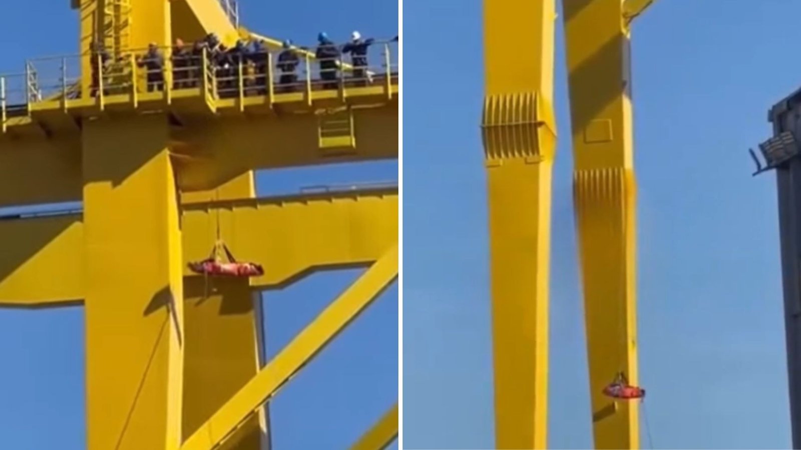 Funcionário sofre queda de grua em estaleiro e e resgate é feito nas alturas em Guarujá; VÍDEO