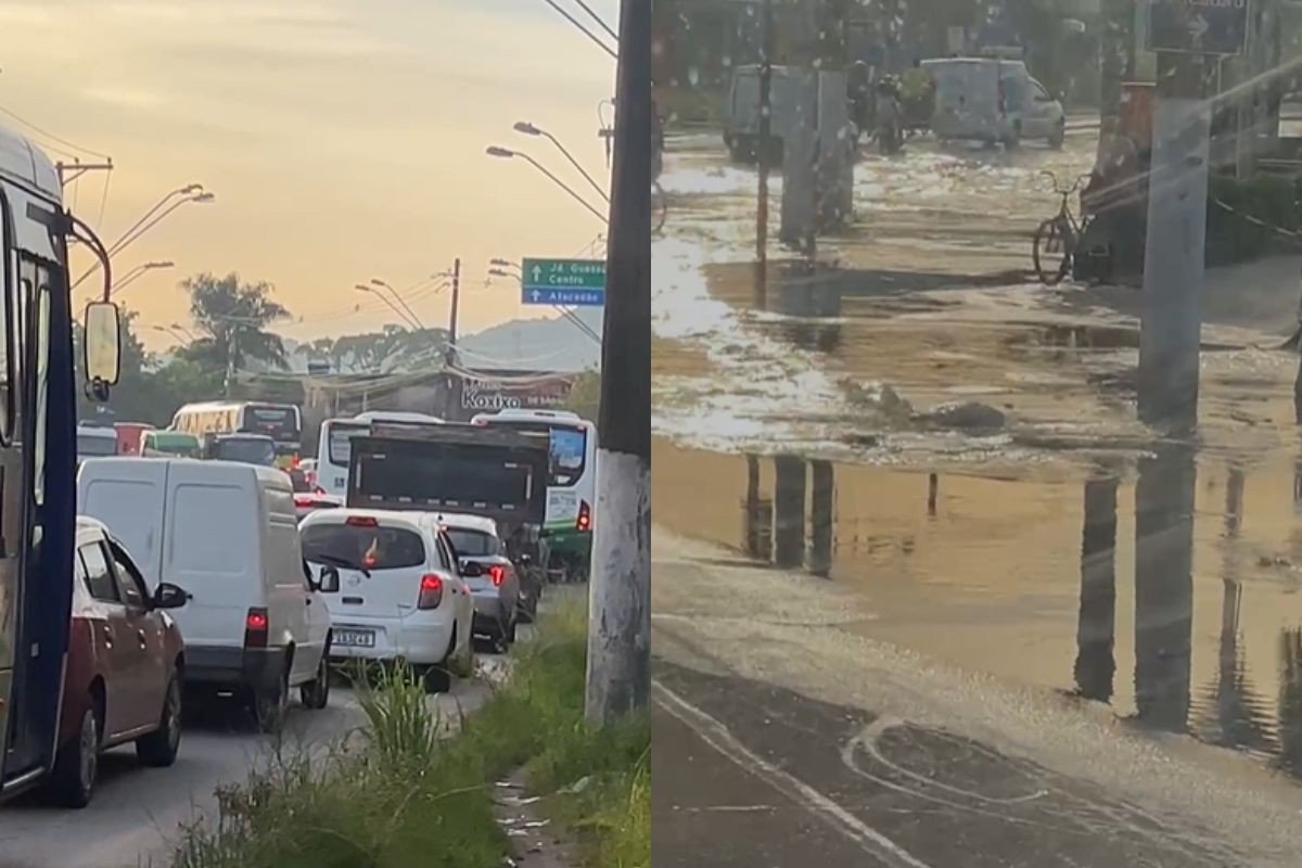 Cano da Sabesp estoura, alaga avenida e causa trânsito intenso em São Vicente, SP; VÍDEO