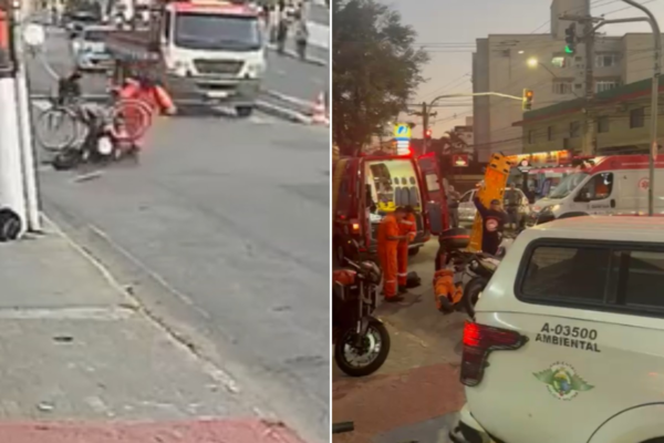 Ciclista e motociclista são arremessados após colisão em avenida de Guarujá; VÍDEO