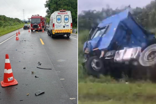 Acidente entre carros e carreta deixa motorista morto e mulher ferida na rodovia Pe. Manoel da Nóbrega, SP