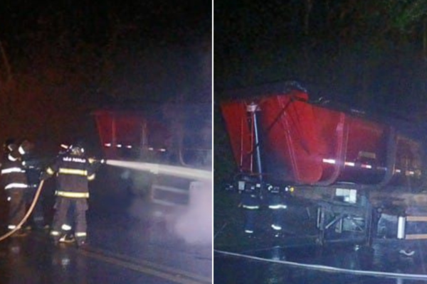 Carreta carregada com 35 mil kg de enxofre a granel pega fogo na rodovia Pe. Manoel da Nóbrega, SP