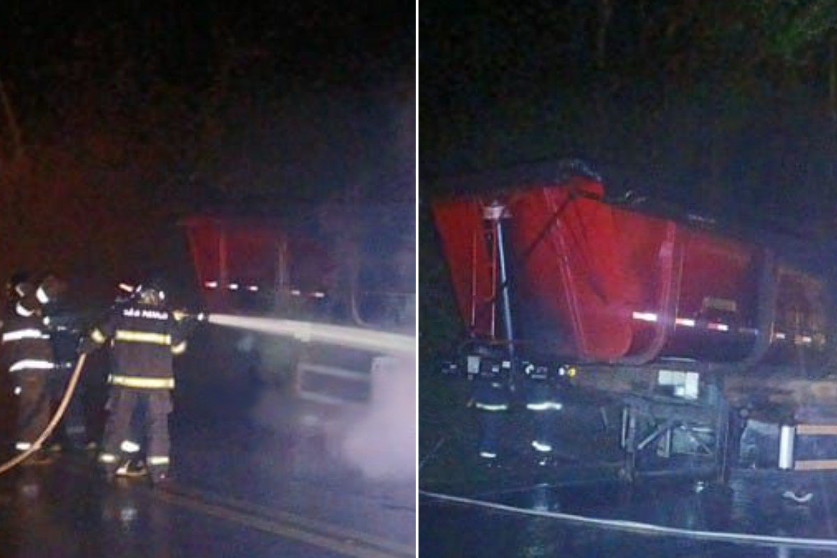 Carreta carregada com 35 mil kg de enxofre a granel pega fogo na rodovia Pe. Manoel da Nóbrega, SP