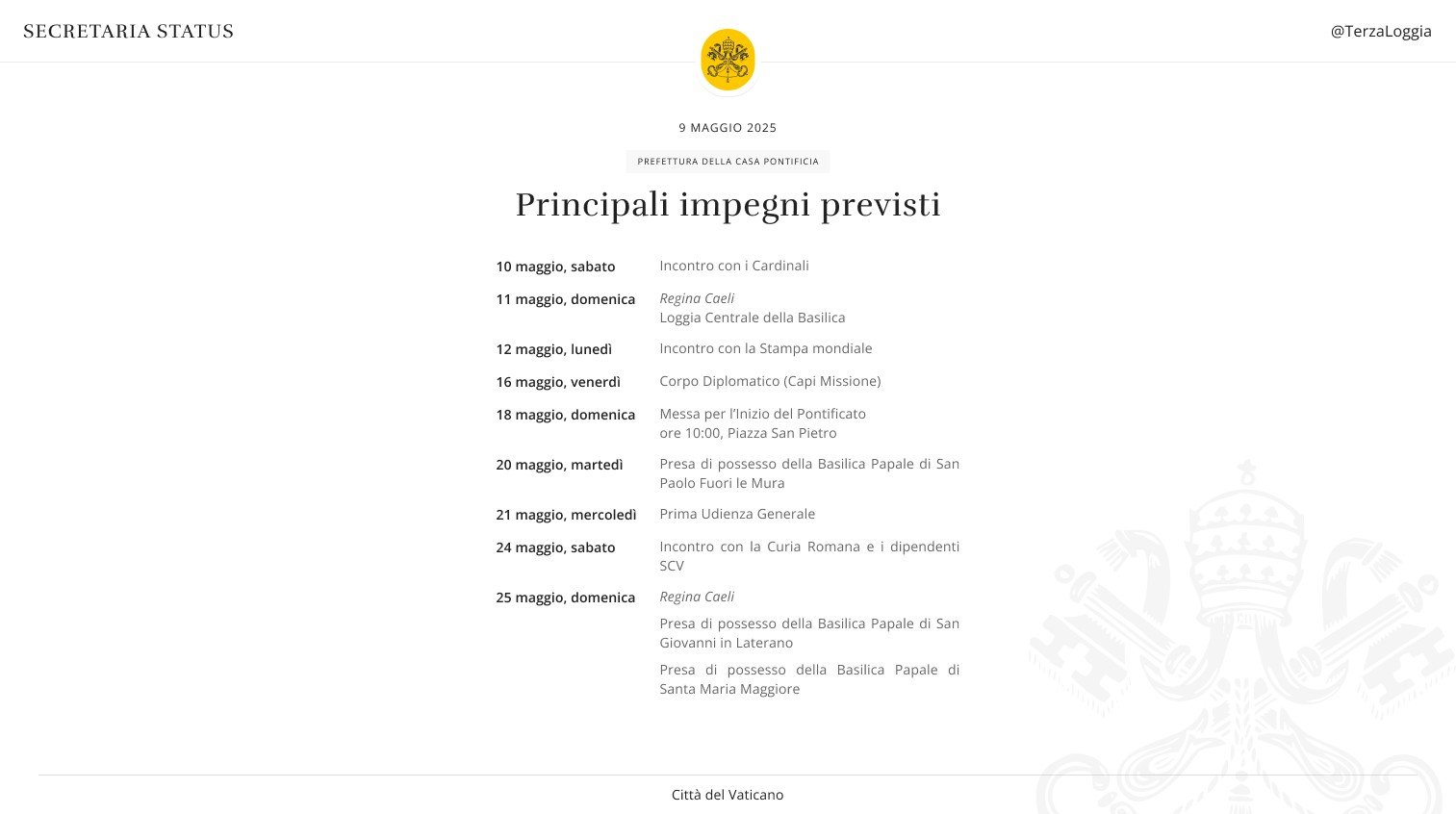 Vaticano divulga primeira agenda do novo papa Leão XIV