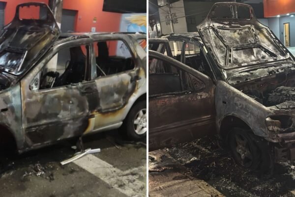 Carro pega fogo e fica completamente destruído no litoral de SP; VÍDEO